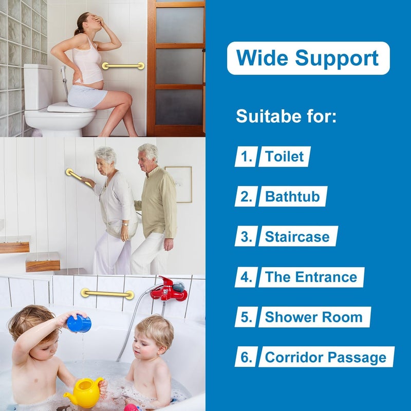 MFE Grab Bar for Bathtubs and Showers - 12" Gold Handicap Bathroom Safety Handrail for Elderly - Wall Senior Stainless Steel Rail Handle for Tub, Toilet, Bath, Kitchen, Bedroom and Step - Image 5